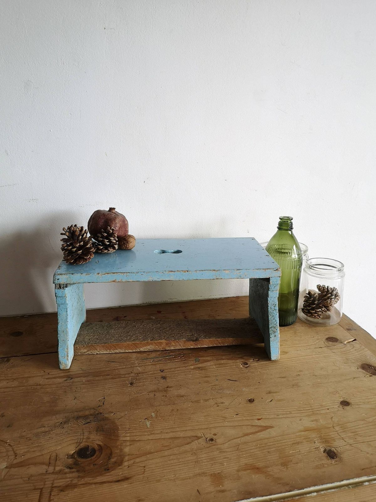 Scratch Built Antique Wooden Vintage Blue Milking Stool Or Small Table, Rustic Farmhouse Seat Step Cute Pot Stand C1940s