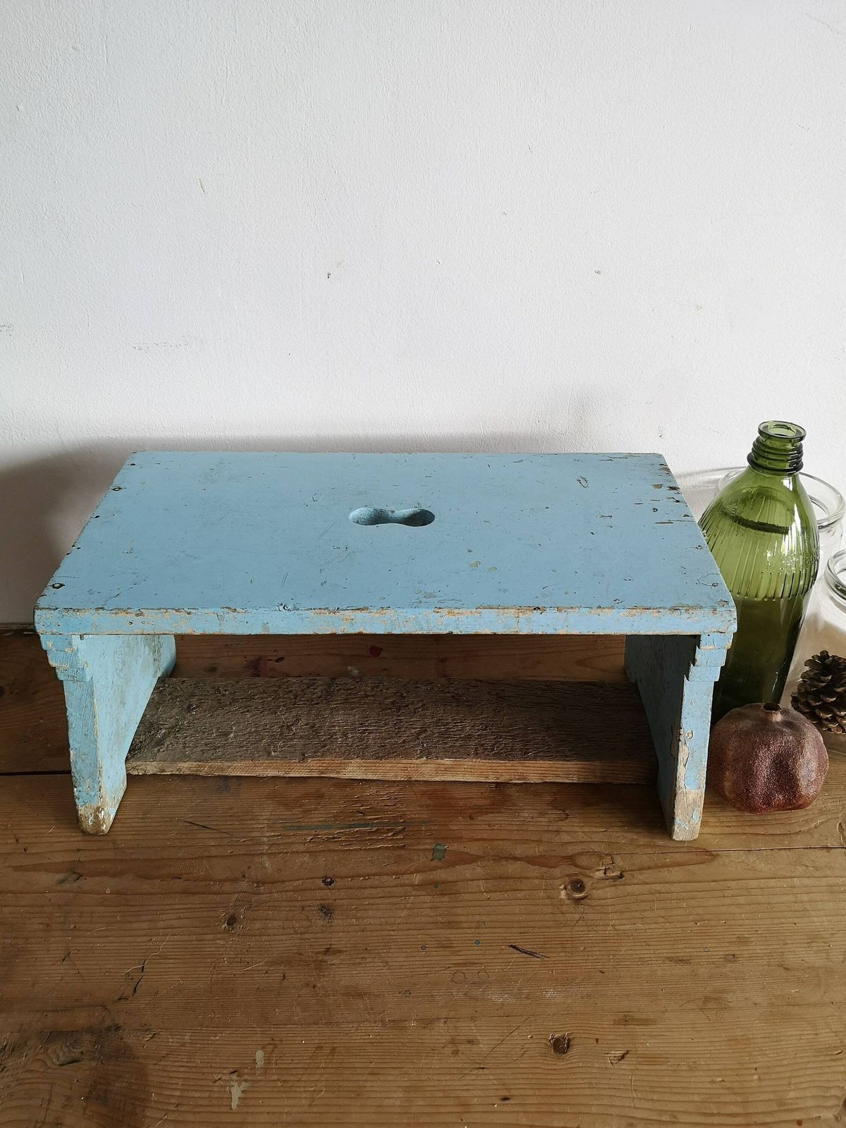 Scratch Built Antique Wooden Vintage Blue Milking Stool Or Small Table, Rustic Farmhouse Seat Step Cute Pot Stand C1940s photo Furniture