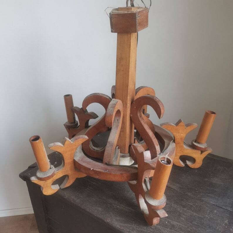 Chandelier Wooden Natural Country Home, Shabby, 5 Arm, Vintage Lighting, Light, Centerpiece, Wood Home Decor, Kitchen, Rustic Decoration photo for sale