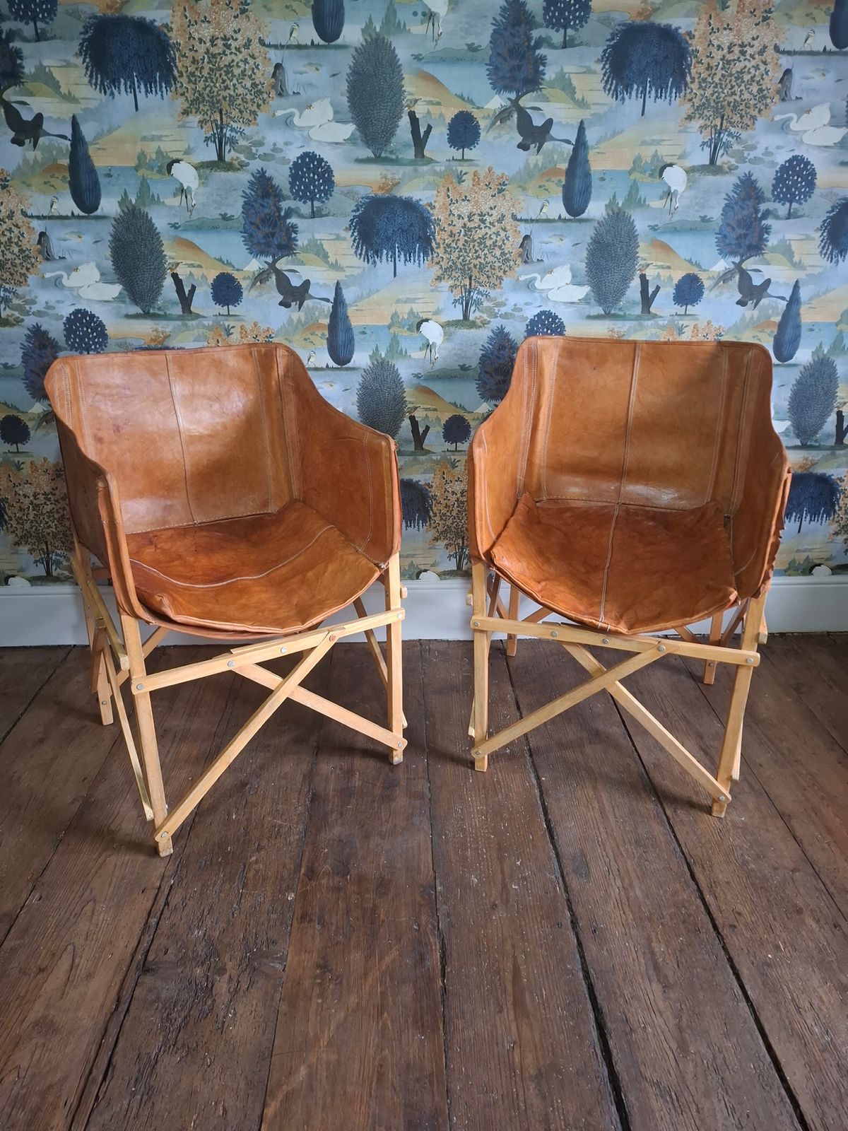 Rare Vintage Sri Lankan Cognac Leather Coffee Chairs