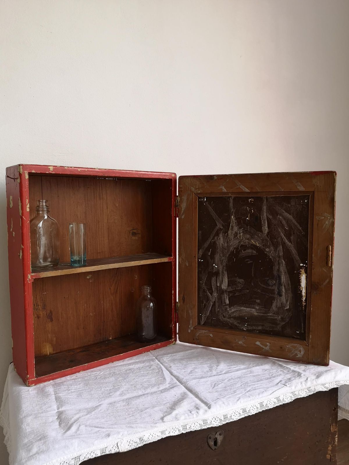 Res Washroom Cabinet Wooden Mirror Chippy White Scratch Built Wood. C1920s Hand Made Bathroom Cupboard.Display Kitchen Drinks Food Wabisabi photo furniture