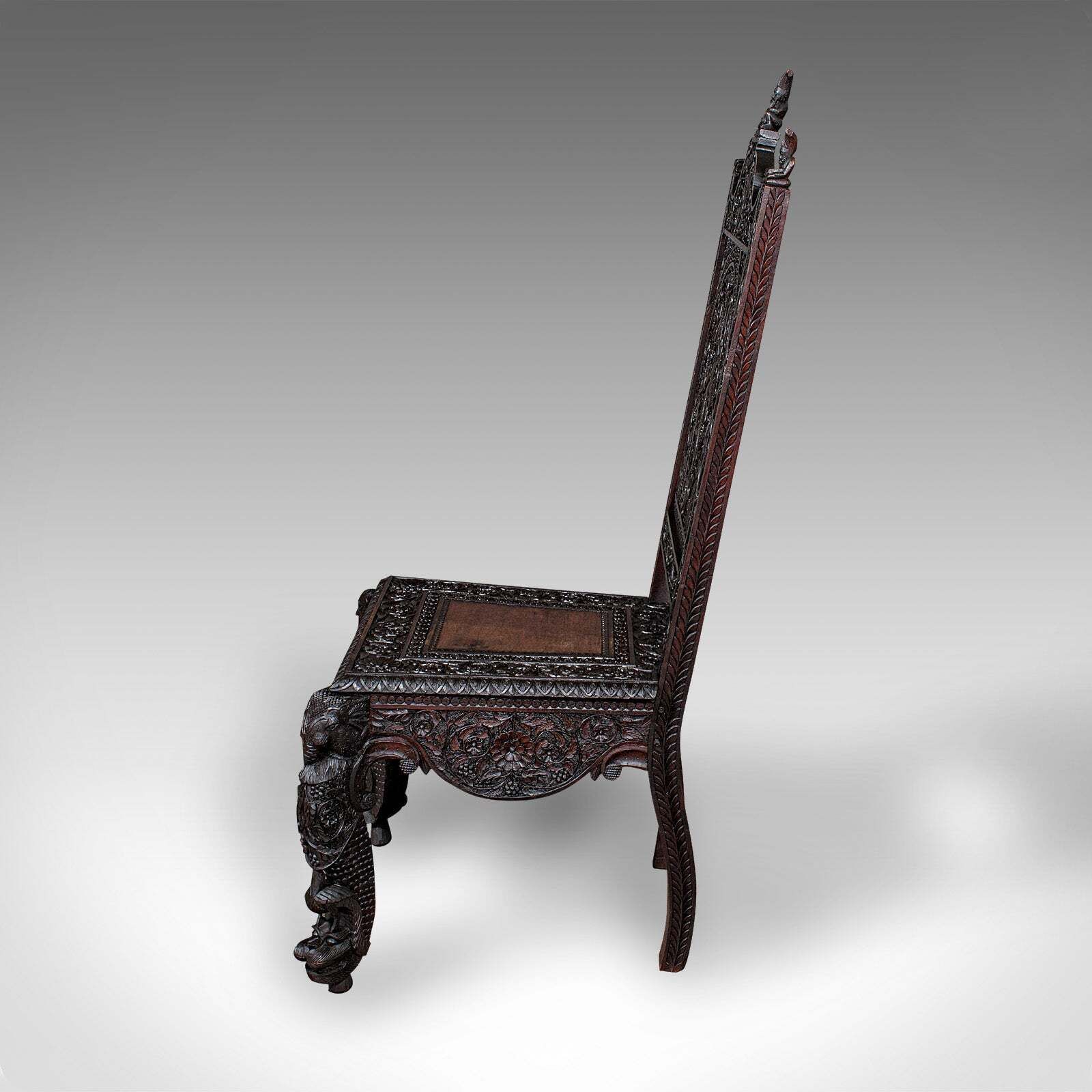 Antique Carved Veranda Chair, Ceylonese, Teak, Ornate Seat, Victorian, C.1880 photo for sale