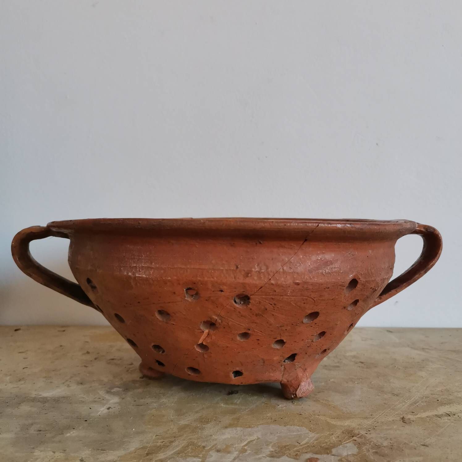 Set Of 2 Broken Terracotta Earthenware Hungarian Vintage Clay Handmade Pottery Jug And Colander Water Wine Flowers 30 40's Pot Bowl photo 61.0