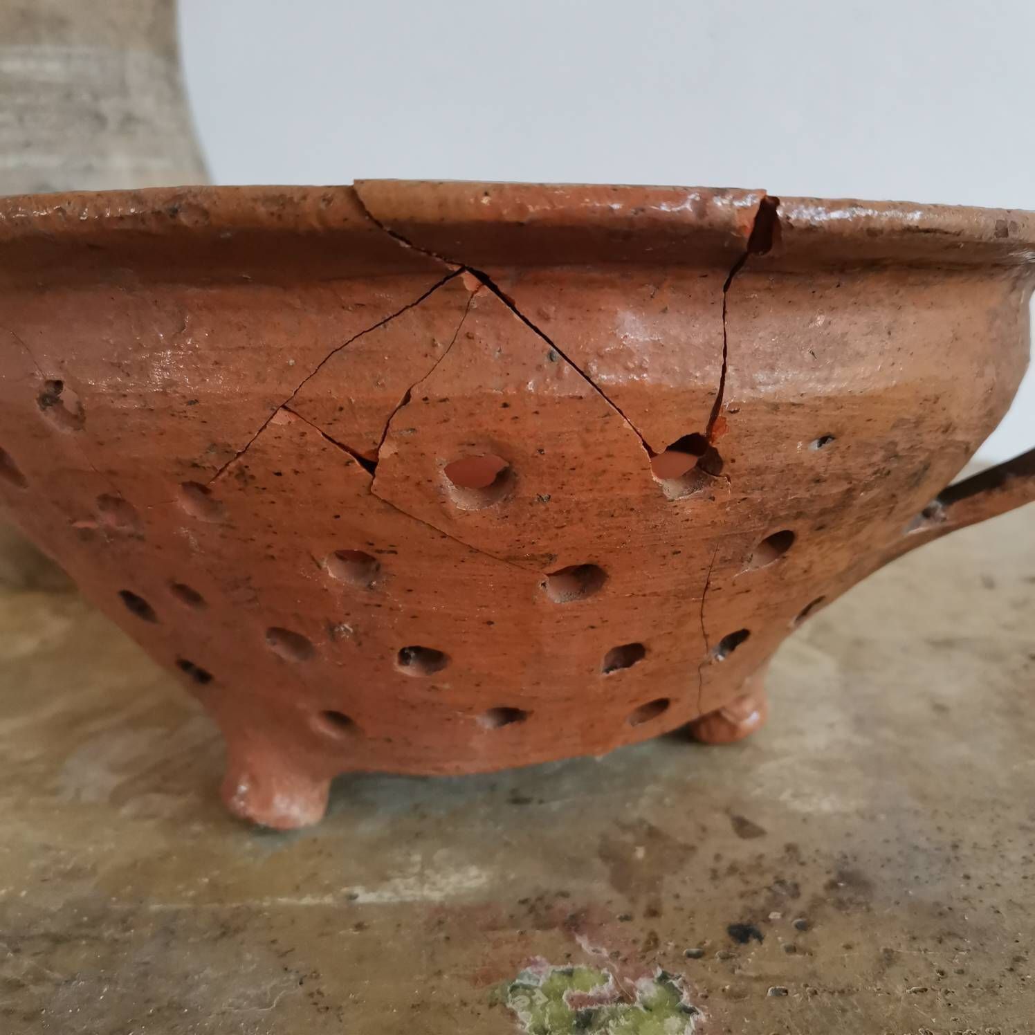 photo furniture Set Of 2 Broken Terracotta Earthenware Hungarian Vintage Clay Handmade Pottery Jug And Colander Water Wine Flowers 30 40's Pot Bowl