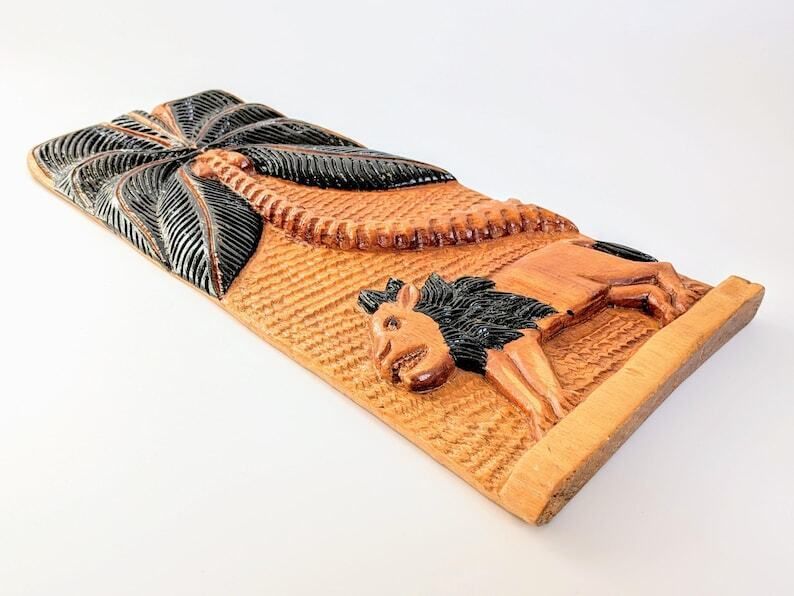 Carved Wood Plaque Lion & Palm Tree | Vintage African Folk Art | 1970's