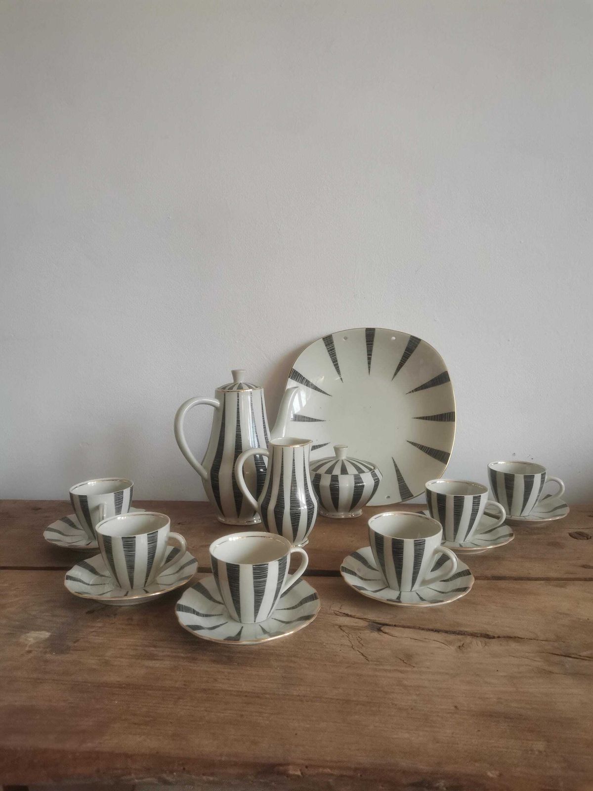 Coffee Set Pots, Jugs, Bowl, Plate Rare Gold Rimmed Coffee Tea Cups Set Fine Porcelain, Collection Multi Set Black White 60s Kave Cafe