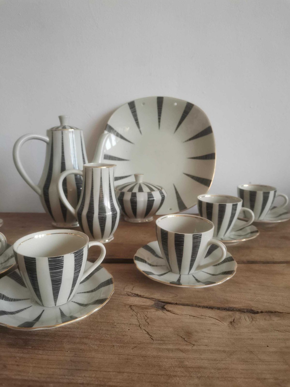 Coffee Set Pots, Jugs, Bowl, Plate Rare Gold Rimmed Coffee Tea Cups Set Fine Porcelain, Collection Multi Set Black White 60s Kave Cafe photo furniture