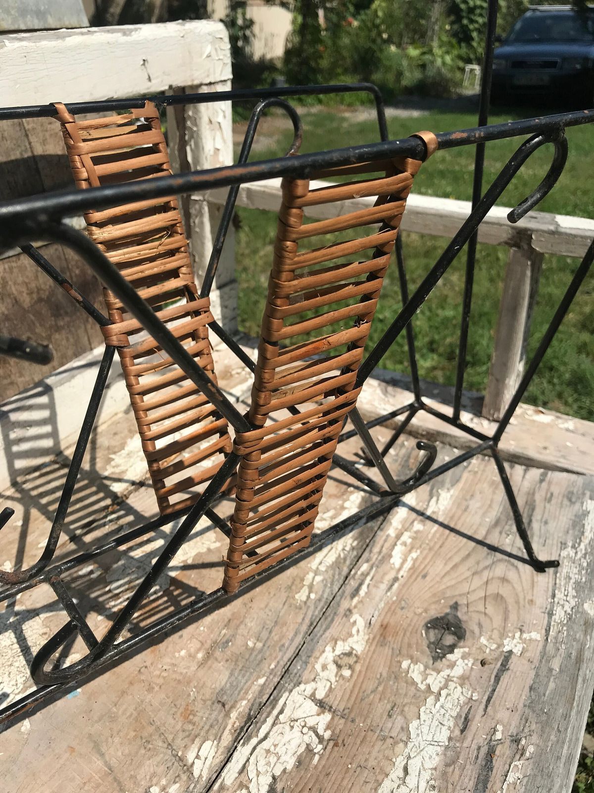 Metal Magazine Rack 1950s Black With Wicker Weave Newspaper Holder Bent Metal Display Stand, Eye Catching Cheerful And Unique Books Organise
