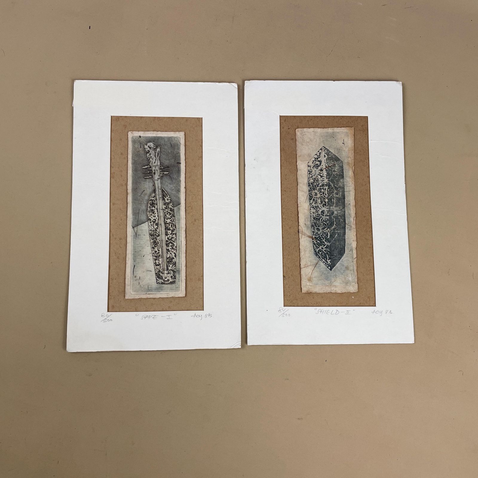 Original Etching Hand Printed Art Borneo Shield & Sape Instrument Ceremonial Small Unframed Mounted Wall Artwork Limited photo furniture