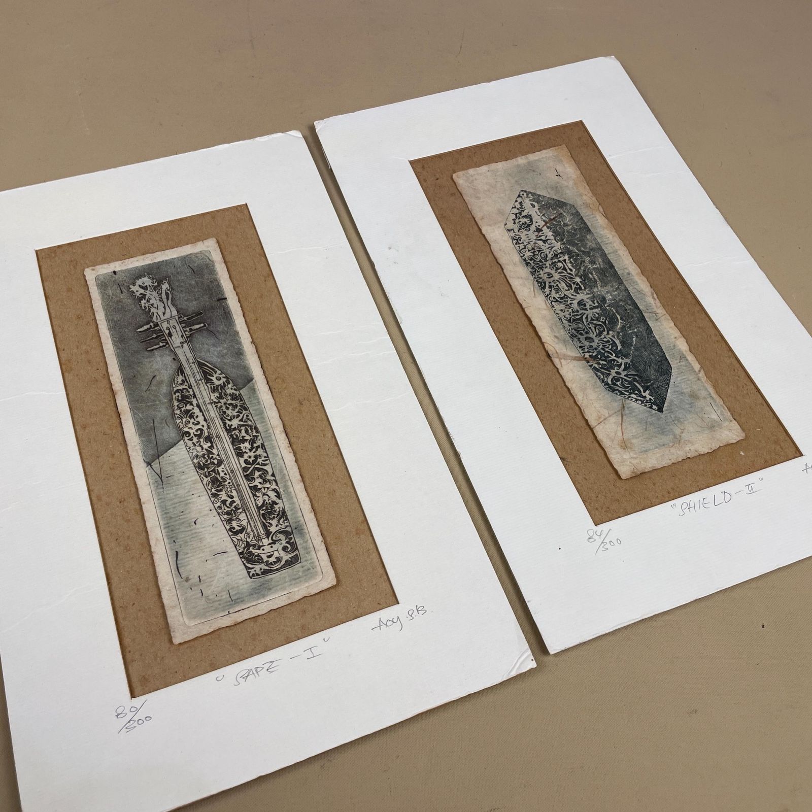 Original Etching Hand Printed Art Borneo Shield & Sape Instrument Ceremonial Small Unframed Mounted Wall Artwork Limited photo for sale