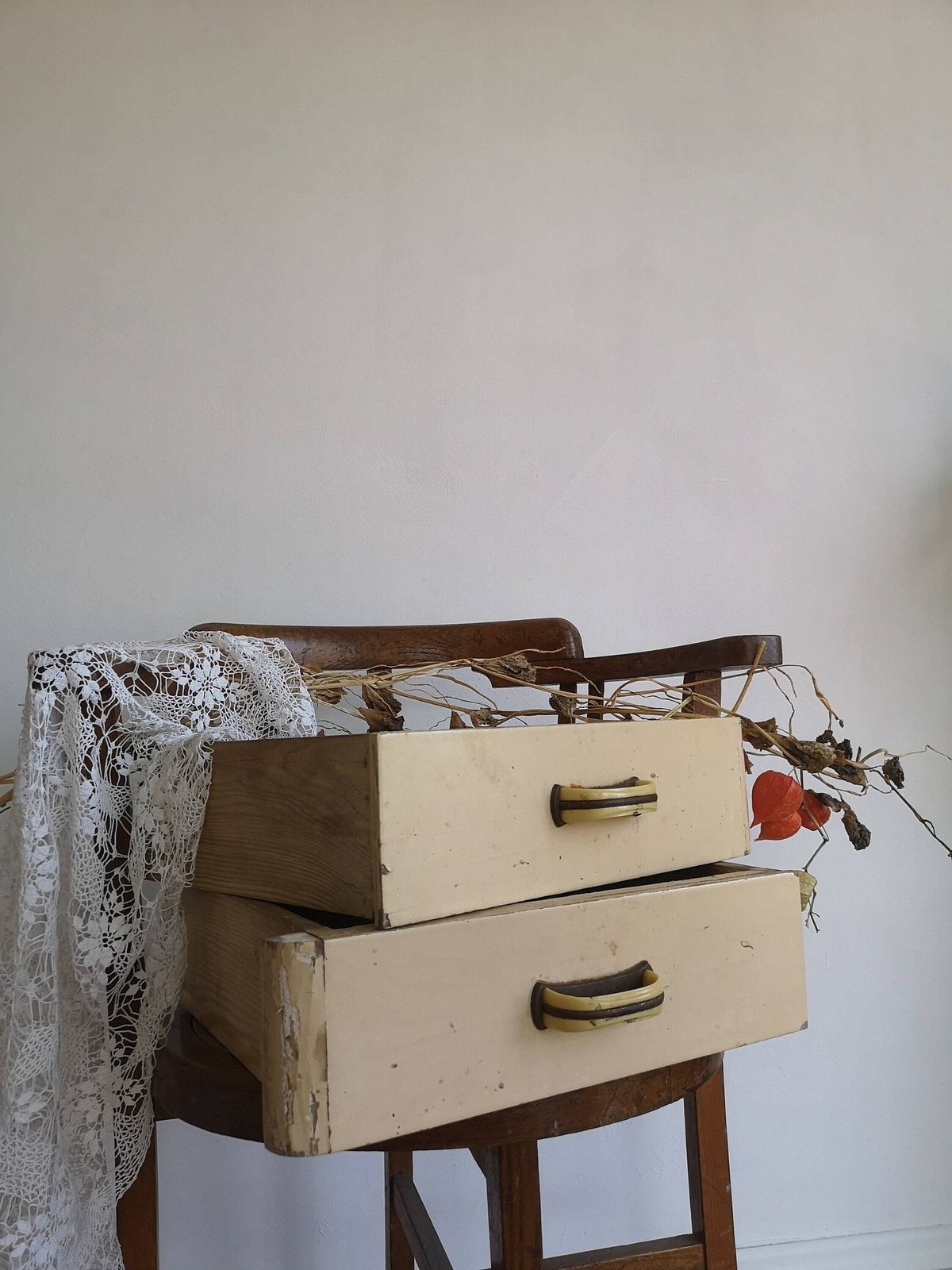 Rustic Cheerful Chippy Beech Draws C1940, Cream Chippy Painted Set Of 2 Reclaimed Wood. Use As Trays Or Storage, Desk Or Kitchen Tidy