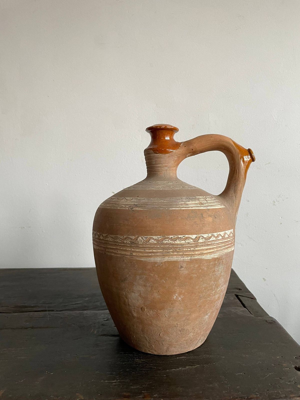 Large Natural Terracotta Vintage Earthenware Clay Handmade Pottery Jug Bottle Water Wine C1930s Hungarian, Pot, Flask, Wine Pitcher Vase D