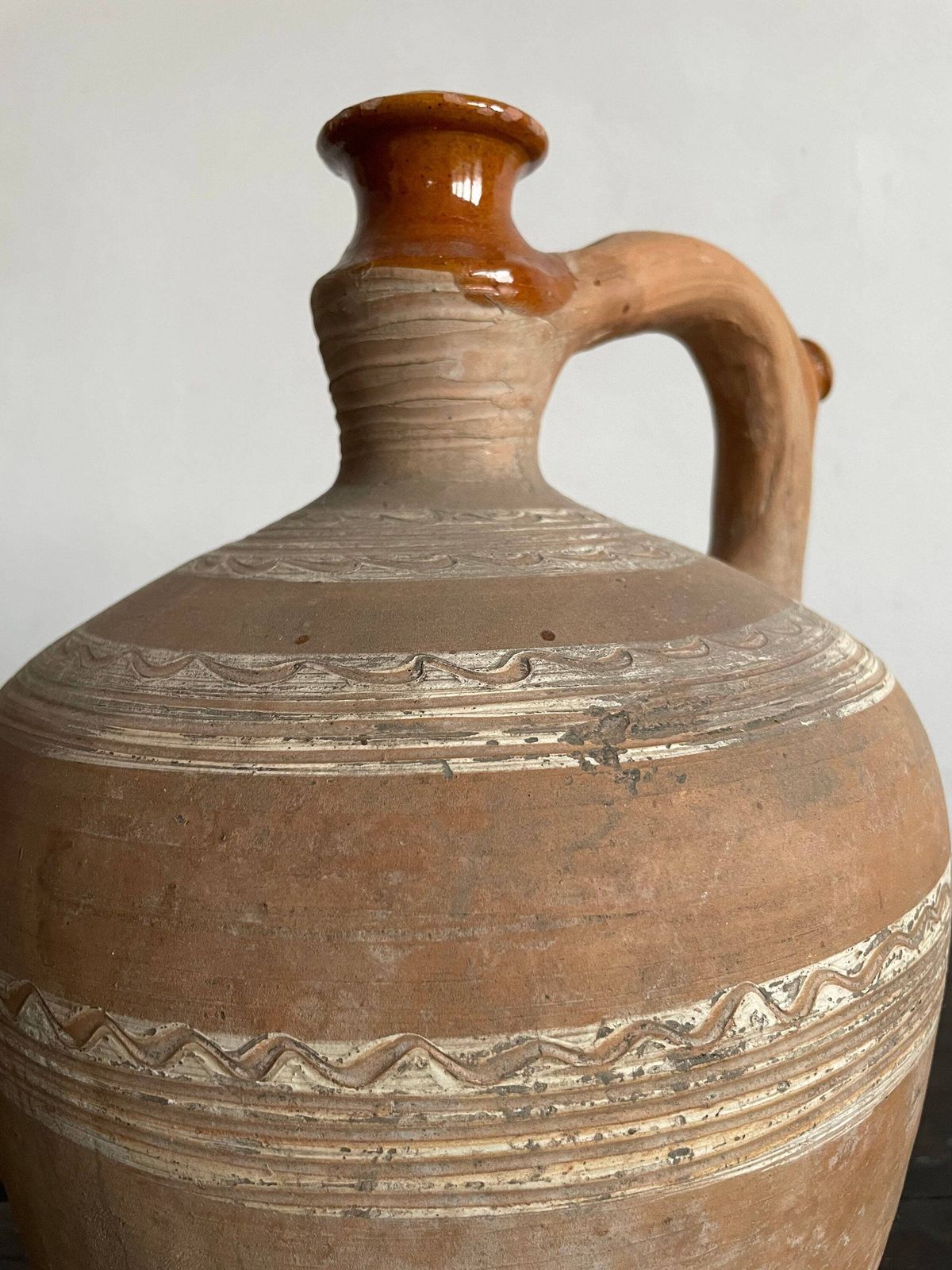 Large Natural Terracotta Vintage Earthenware Clay Handmade Pottery Jug Bottle Water Wine C1930s Hungarian, Pot, Flask, Wine Pitcher Vase D photo furniture