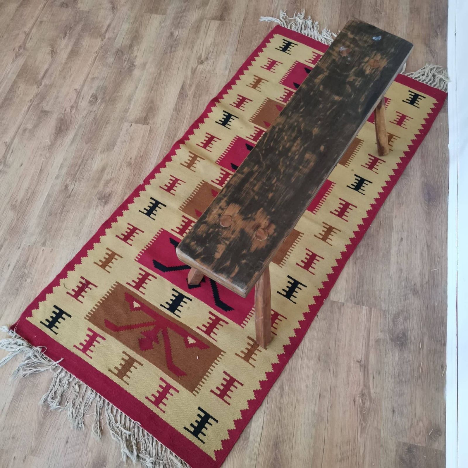 Big Wall Hanging, Rug Hungarian Hand Weaved Kiln 60's Wall Fabric. Vintage Bold Bright Home Decor, Rich Colours, Brown, Red, Cream photo furniture