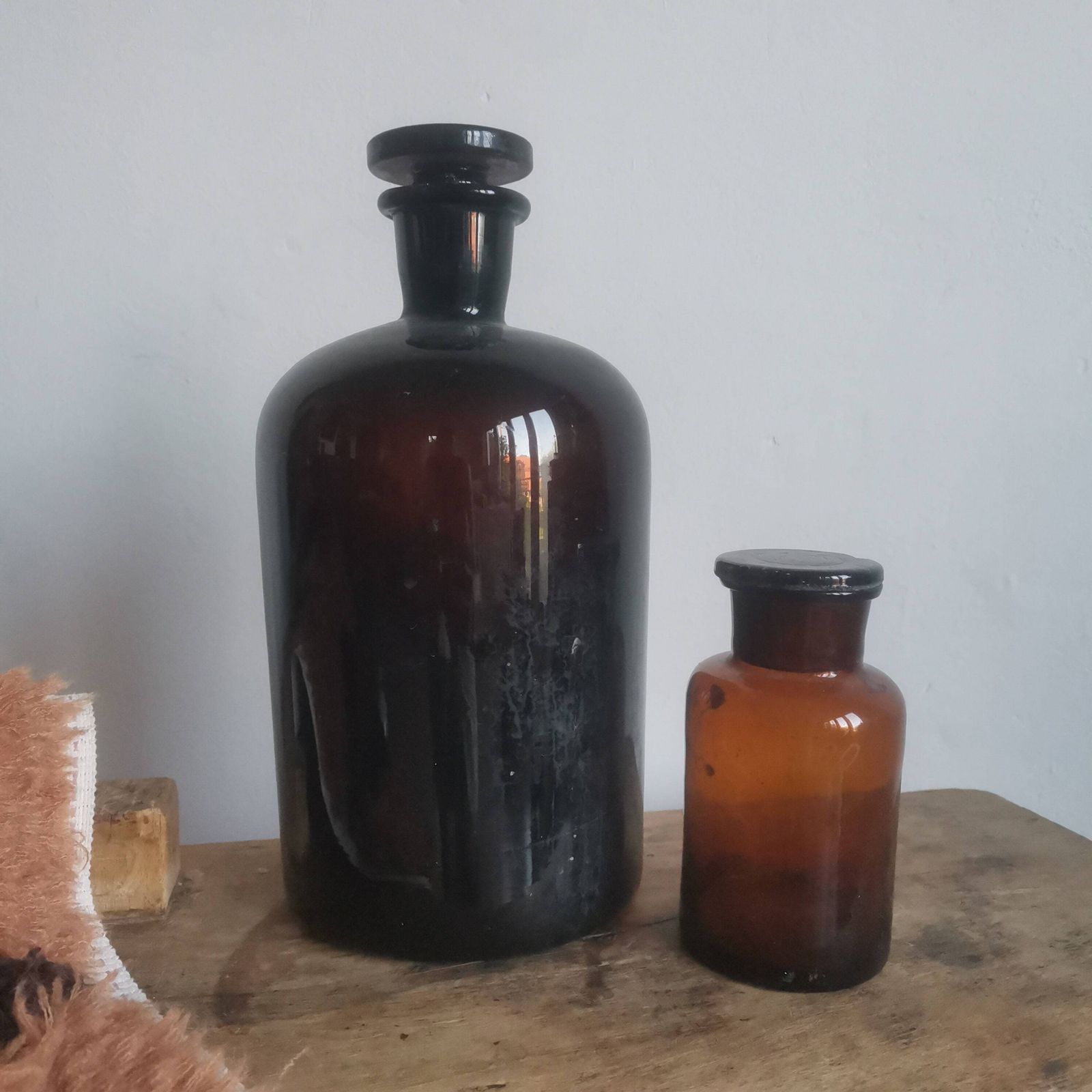 Set Of 2 Apothecary Glass Brown Bottles   Instant Collection Herbal Medicine, Chemical Pharmaceutical Laboratory, Jar Or Vase photo furniture