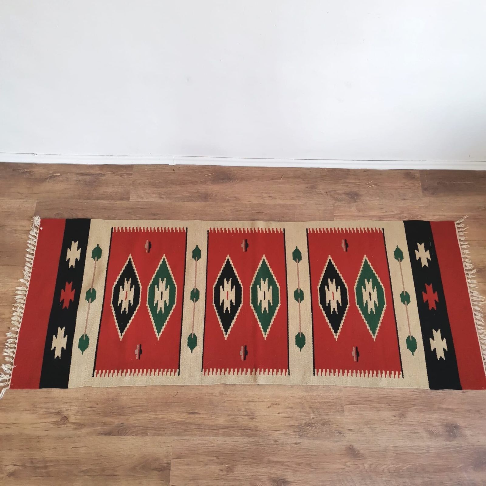 Wall Hanging Turkish Styled Hand Weaved Kiln 60's Wall Fabric. Vintage Bold Bright Home Decor, Bold Colours, Cream, Red, Green, Black