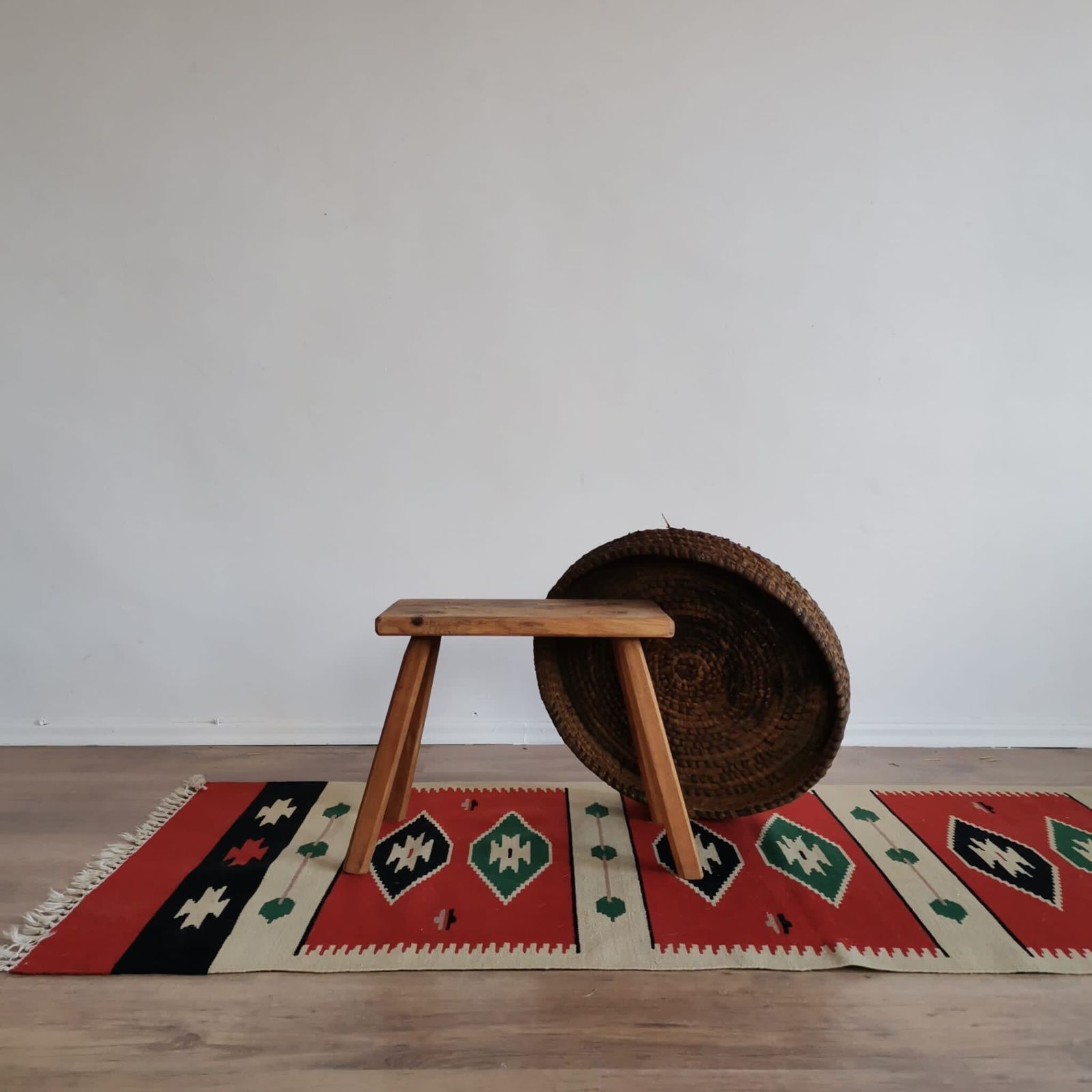 Wall Hanging Turkish Styled Hand Weaved Kiln 60's Wall Fabric. Vintage Bold Bright Home Decor, Bold Colours, Cream, Red, Green, Black photo for sale