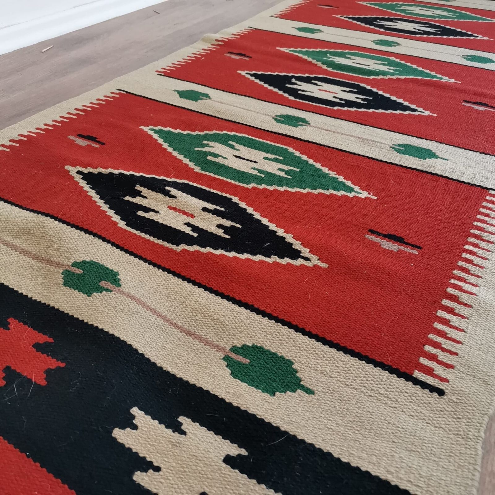 Wall Hanging Turkish Styled Hand Weaved Kiln 60's Wall Fabric. Vintage Bold Bright Home Decor, Bold Colours, Cream, Red, Green, Black photo Textiles