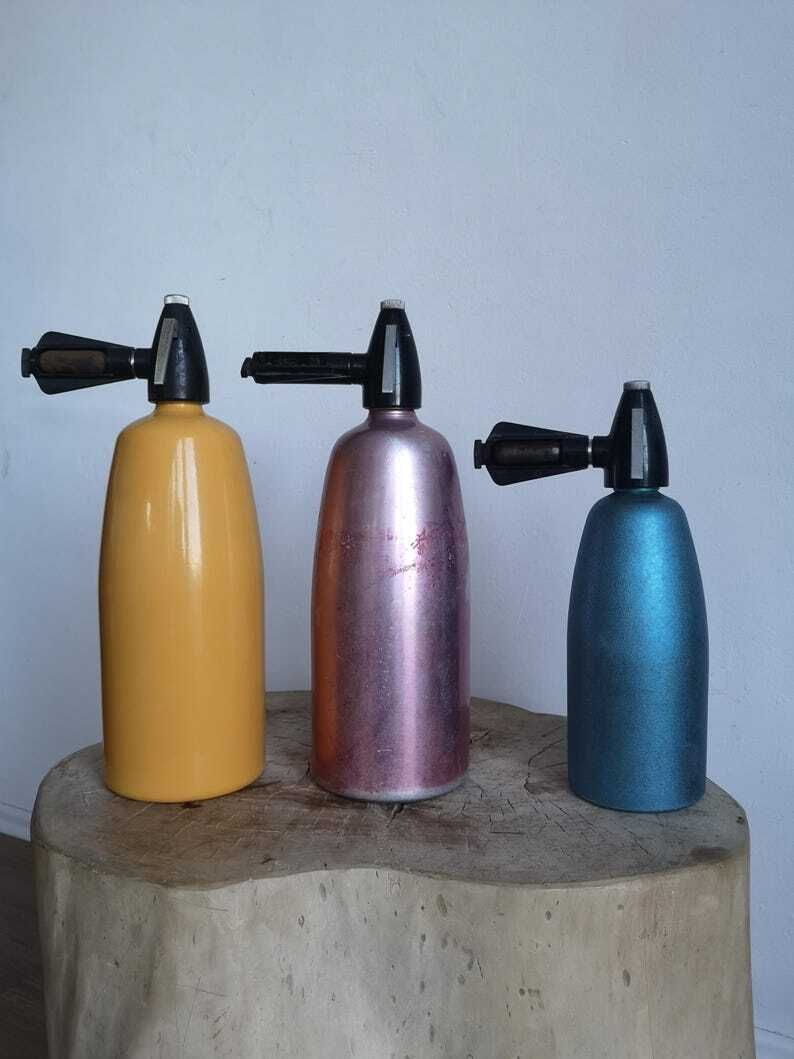 Bold Bright Seltzer Soda Bottles X 3 Rainbow Collection Blue, Pink, Yellow, Bar Kitchen Equipment Decor Siphon, Hungarian photo furniture