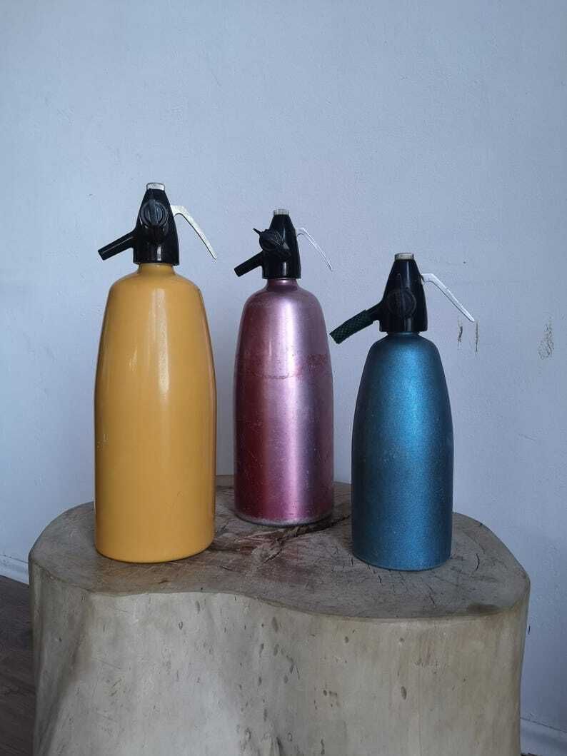 Bold Bright Seltzer Soda Bottles X 3 Rainbow Collection Blue, Pink, Yellow, Bar Kitchen Equipment Decor Siphon, Hungarian photo for sale