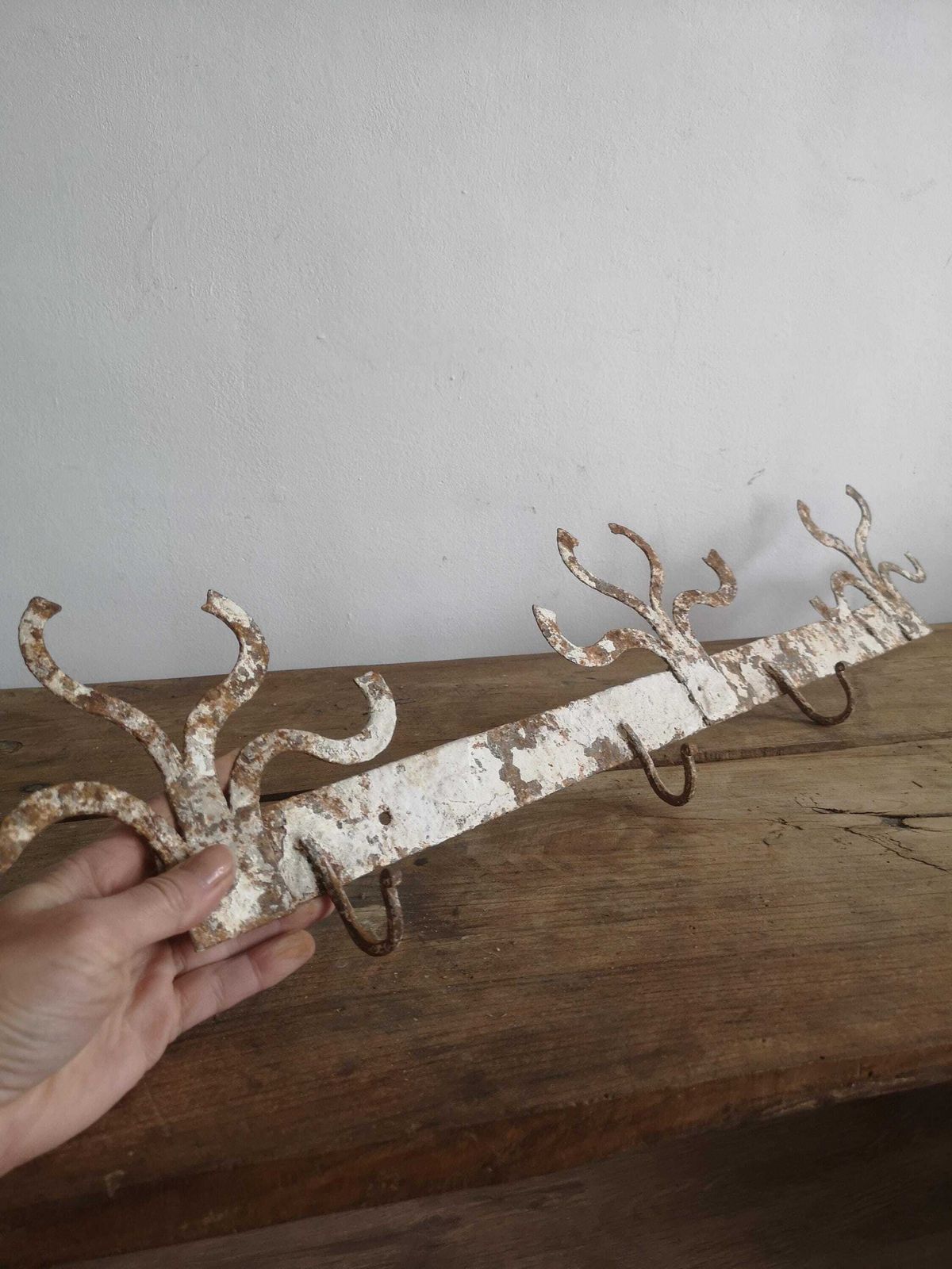 Old Strong Coat Hook Rustic And Metal High Patina Farm Barn Unique Hand Made Imperfect Shape, Wabi Sabi, Hats, Scarfs Hallwa photo for sale