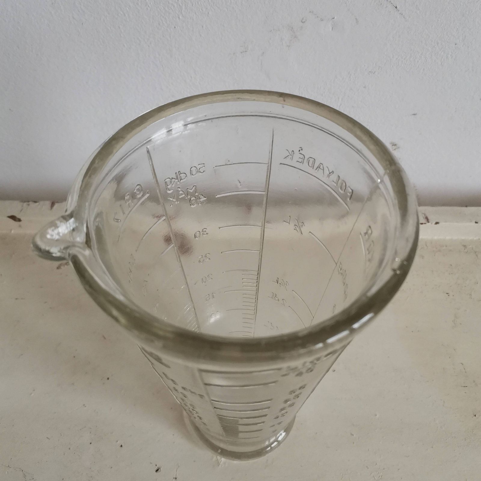 Measuring Cup For Dried Ingredients. European Weight Vessel. Kitchen Utensil Vintage Glass Cooking And Baking Instrument. photo for sale