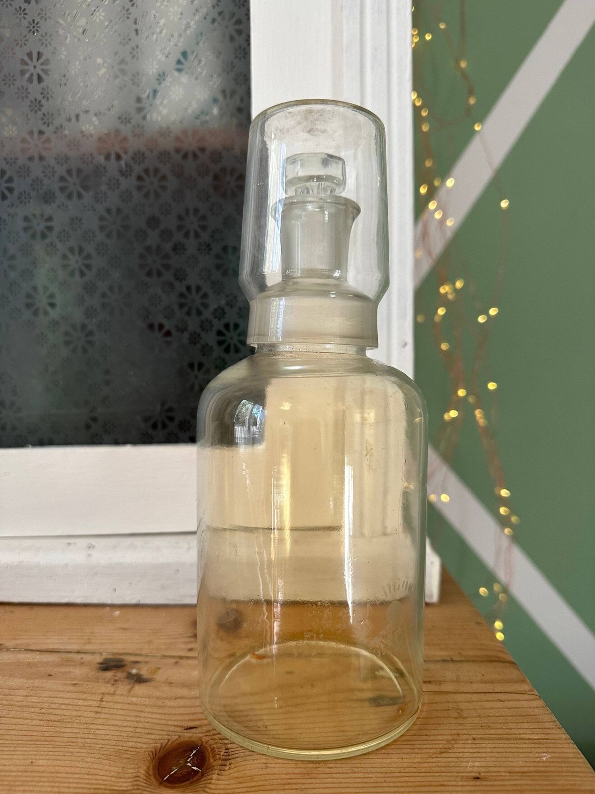 Unique Rare Pharmacy Medical Bottle Apothecary Glass With Cup. Medicine Serving Doctor Hospital Memorabilia Vase, Floral Display 1930s photo furniture