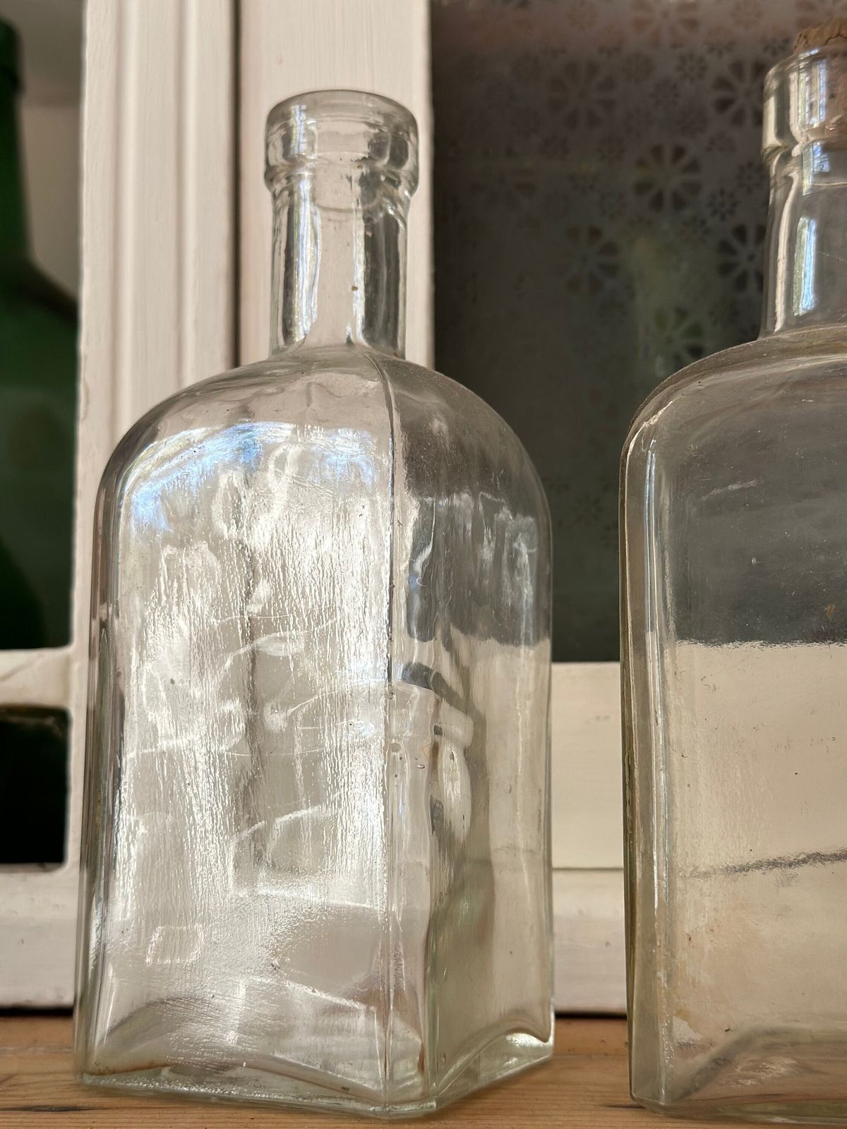 Budapest Crafted Antique Glass Bottle Set   Rare Square Shaped Trio For Timeless Floral Displays Unique Collectibles History And Elegance! photo furniture