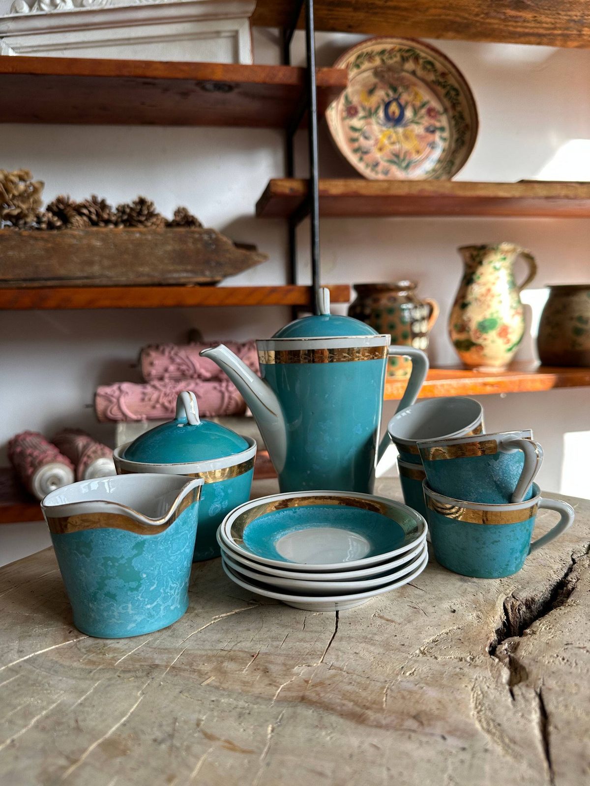 Coffee Set Cups Rare Hollohaza Hungarian Gold Rimmed Coffee Cups Set Fine Porcelain, Collection 11 Piece Set Turquoise Hungarian Colourful