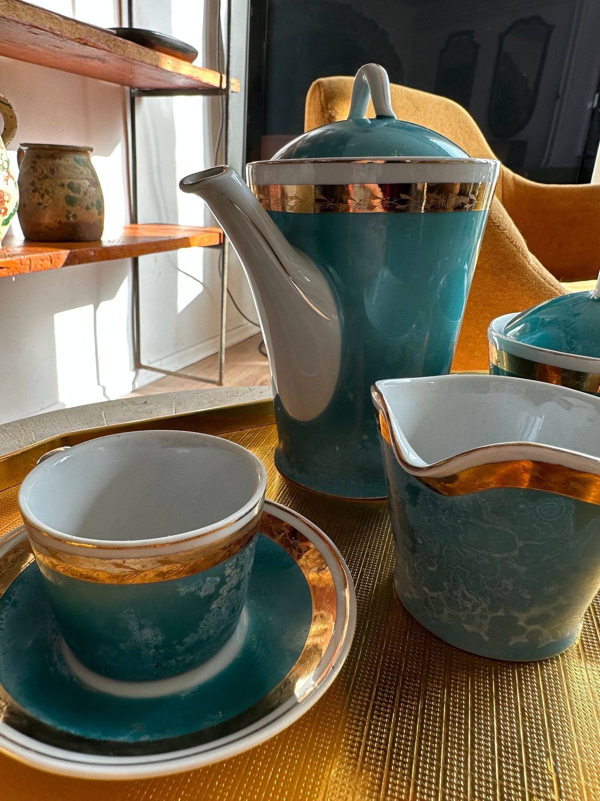 Coffee Set Cups Rare Hollohaza Hungarian Gold Rimmed Coffee Cups Set Fine Porcelain, Collection 11 Piece Set Turquoise Hungarian Colourful photo Home Decor