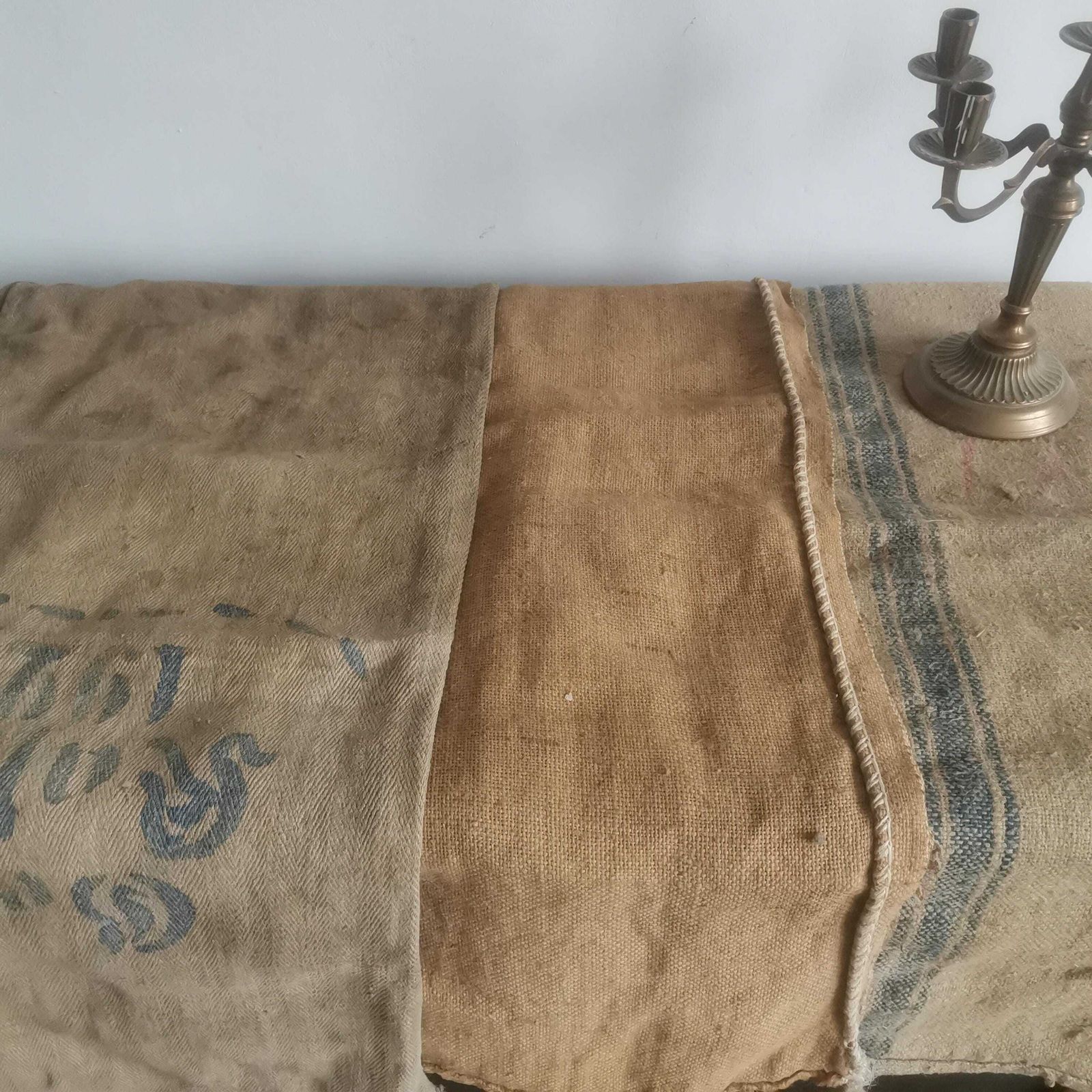 X 3 Mixed Big Old Sand Potato Jute Hessian Sack Railway Transportation Eastern Europe Up Cycle, Fabric, Vintage, Retro, Steam Train Farm photo buy