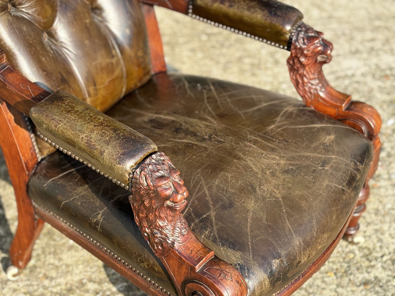 19th Century Arts & Crafts Carved Walnut Leather Library Armchair photo buy