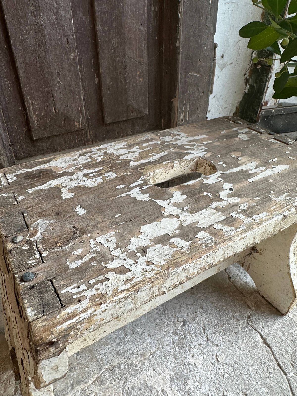 Chippy Scratch Built Antique Wooden Vintage White Milking Stool Or Small Table, Rustic Farmhouse Seat Step Cute Pot Stand C1940s photo for sale