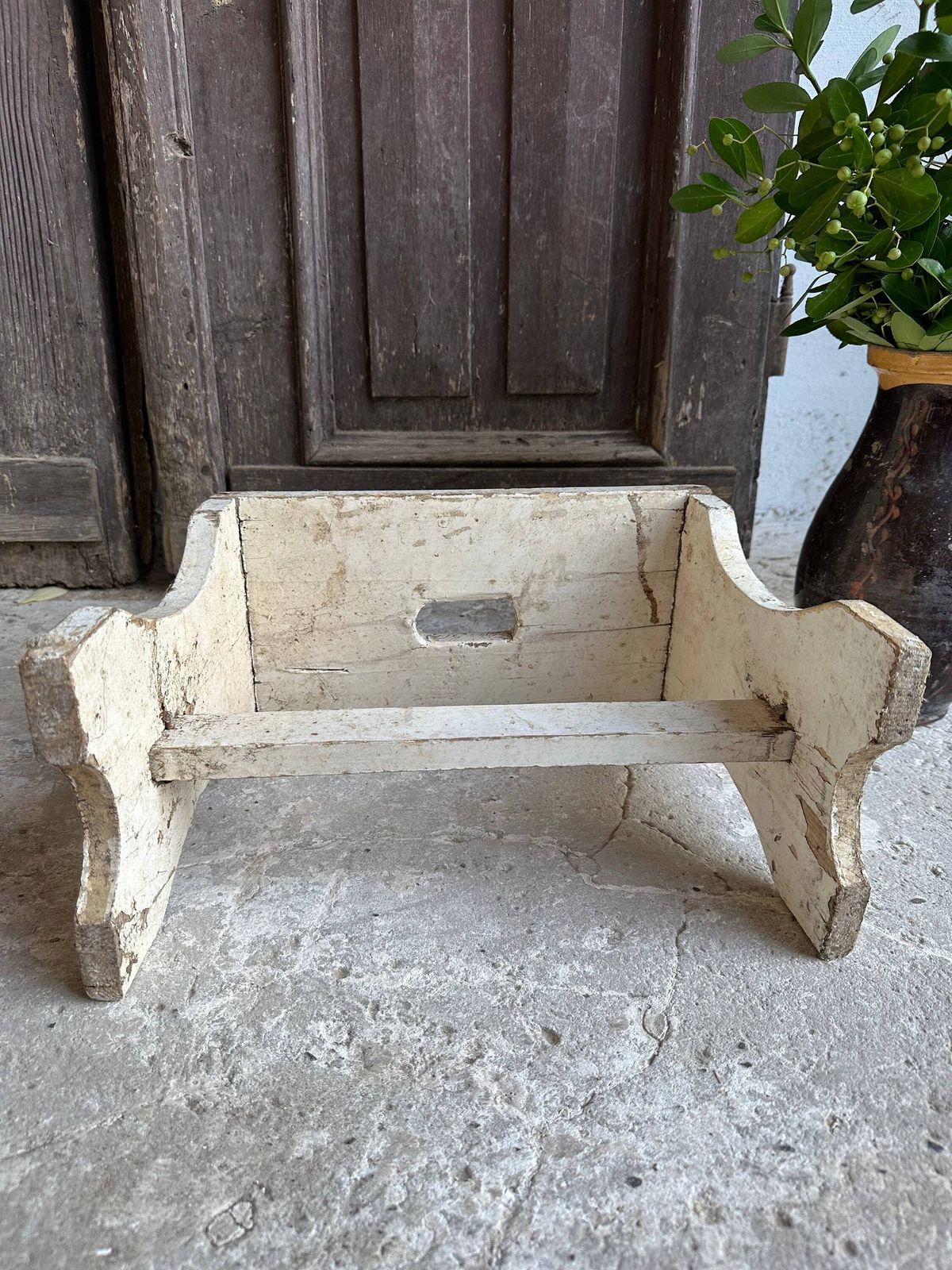 Chippy Scratch Built Antique Wooden Vintage White Milking Stool Or Small Table, Rustic Farmhouse Seat Step Cute Pot Stand C1940s photo Furniture