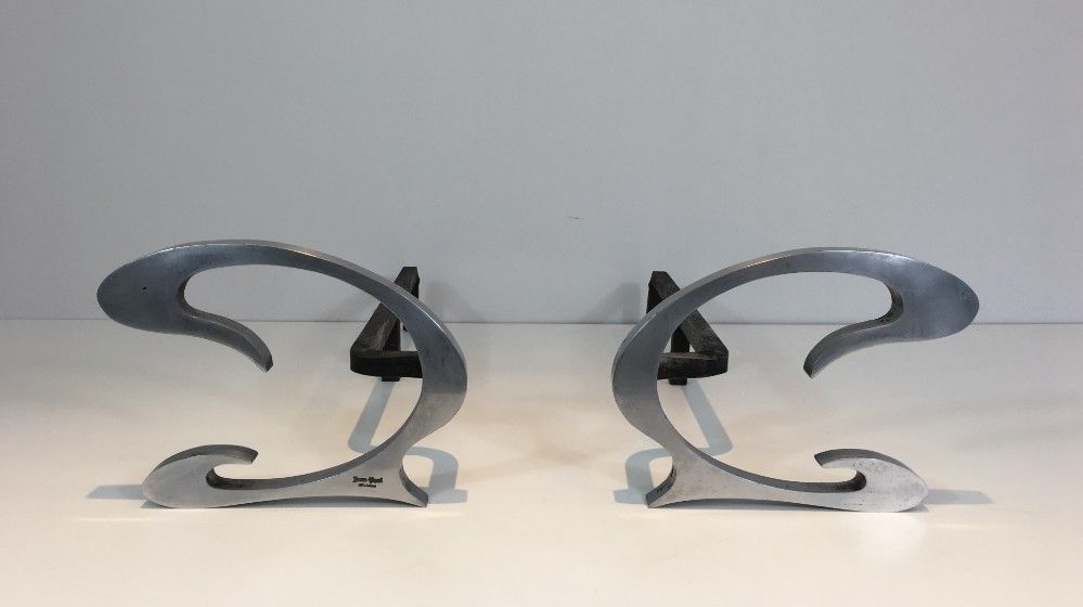 Jean Paul Créations. Pair Of Design Brushed Steel And Iron Andirons.