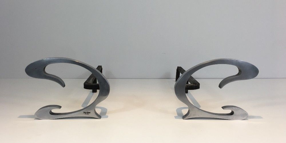 Jean Paul Créations. Pair Of Design Brushed Steel And Iron Andirons. photo furniture