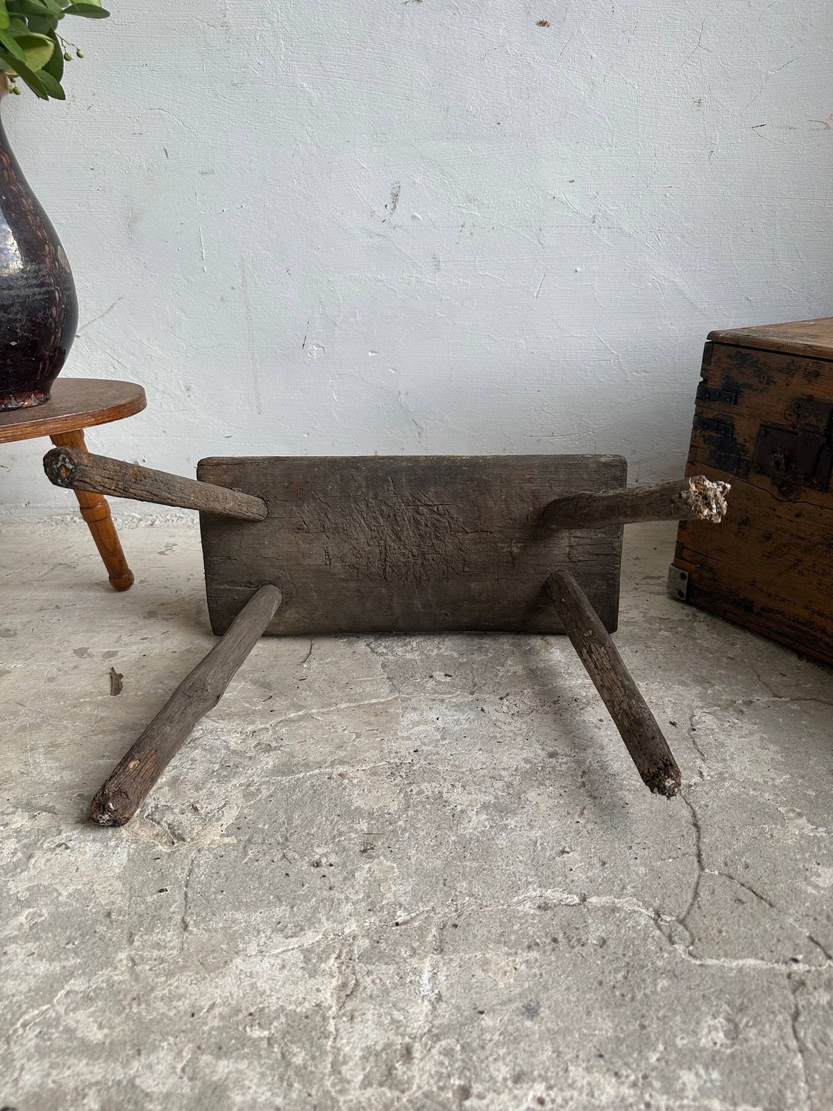Vintage Rustic Hand Made Milking Stool Or Primitive Bedside Occasional Table. Hand Crafted In The Early 1900, Shabby Gnarly Patina photo Furniture