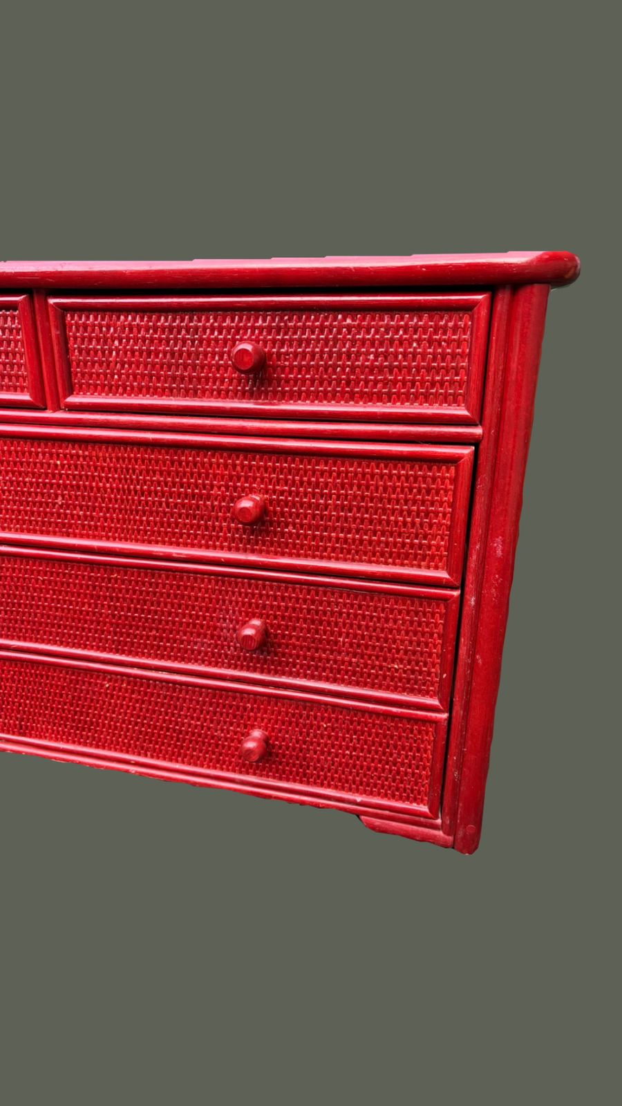 Vintage French Red Wicker Wood Chest Of Drawers