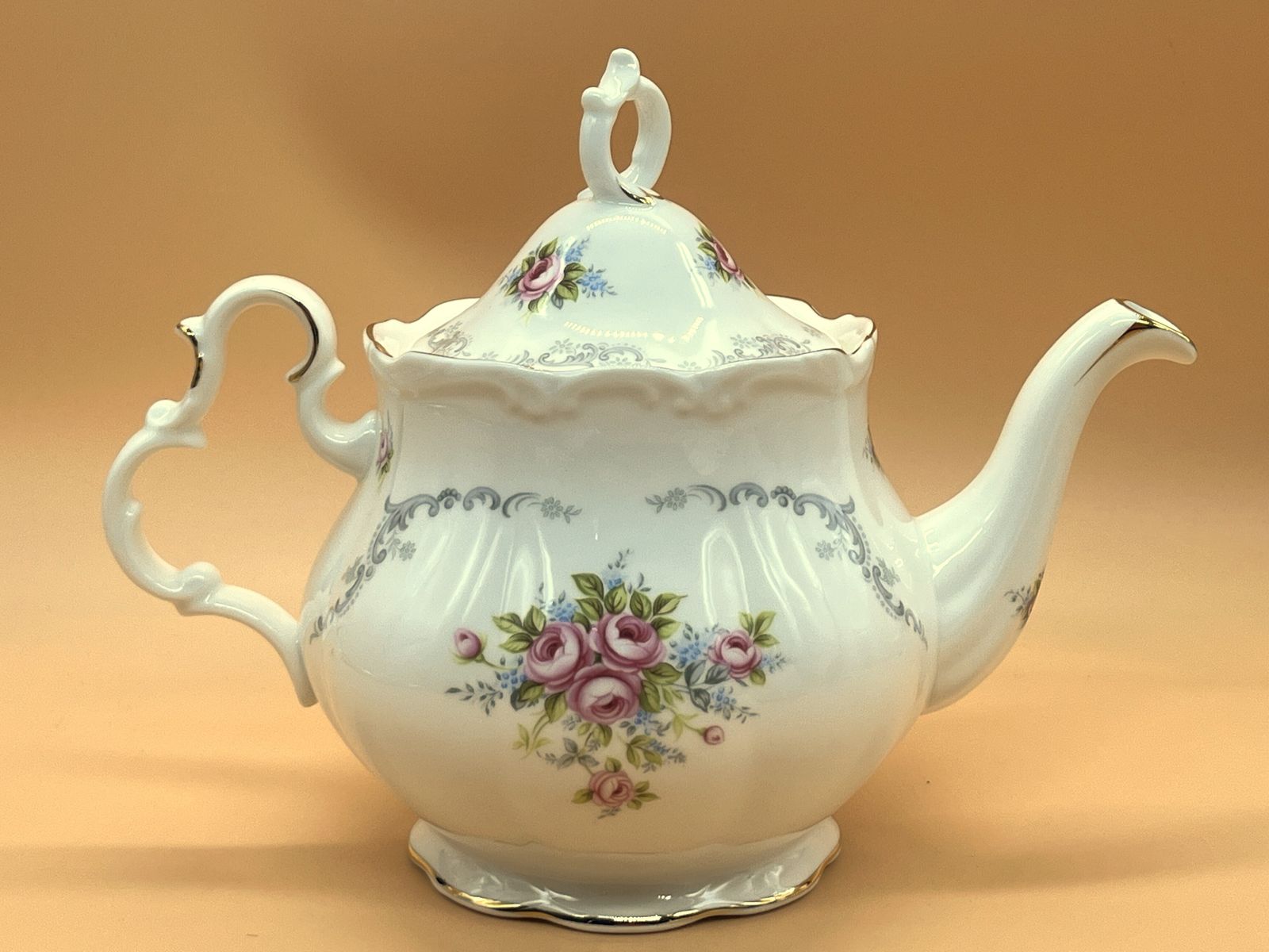 Vintage Royal Albert China 16 Piece Tranquility Design Tea Set. Teapot, 4 Trios, Creamer & Sugar And Large Cake / Serving Plate. C1969. photo furniture