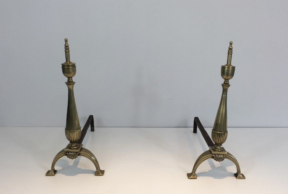Pair Of Neoclassical Brass And Wrought Iron Andirons. photo for sale