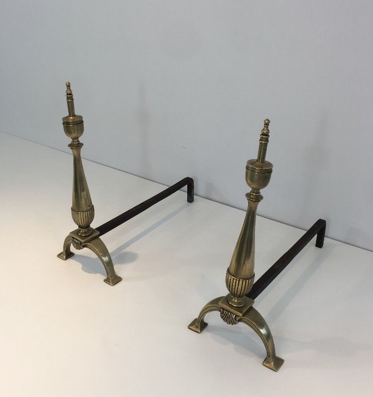 Pair Of Neoclassical Brass And Wrought Iron Andirons. photo Home Fixtures