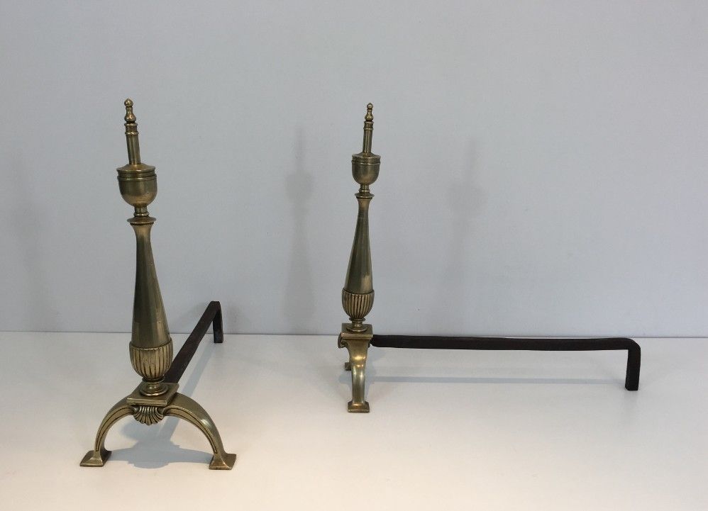 Pair Of Neoclassical Brass And Wrought Iron Andirons. photo 750.0