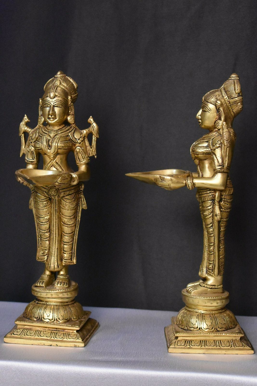 Brass Engraved Twin Lakshmi Goddesses | Handmade Hindu Idols Two Piece Set | Hindu Goddess Of Wealth And Prosperity For Temple Or Home Decor photo buy