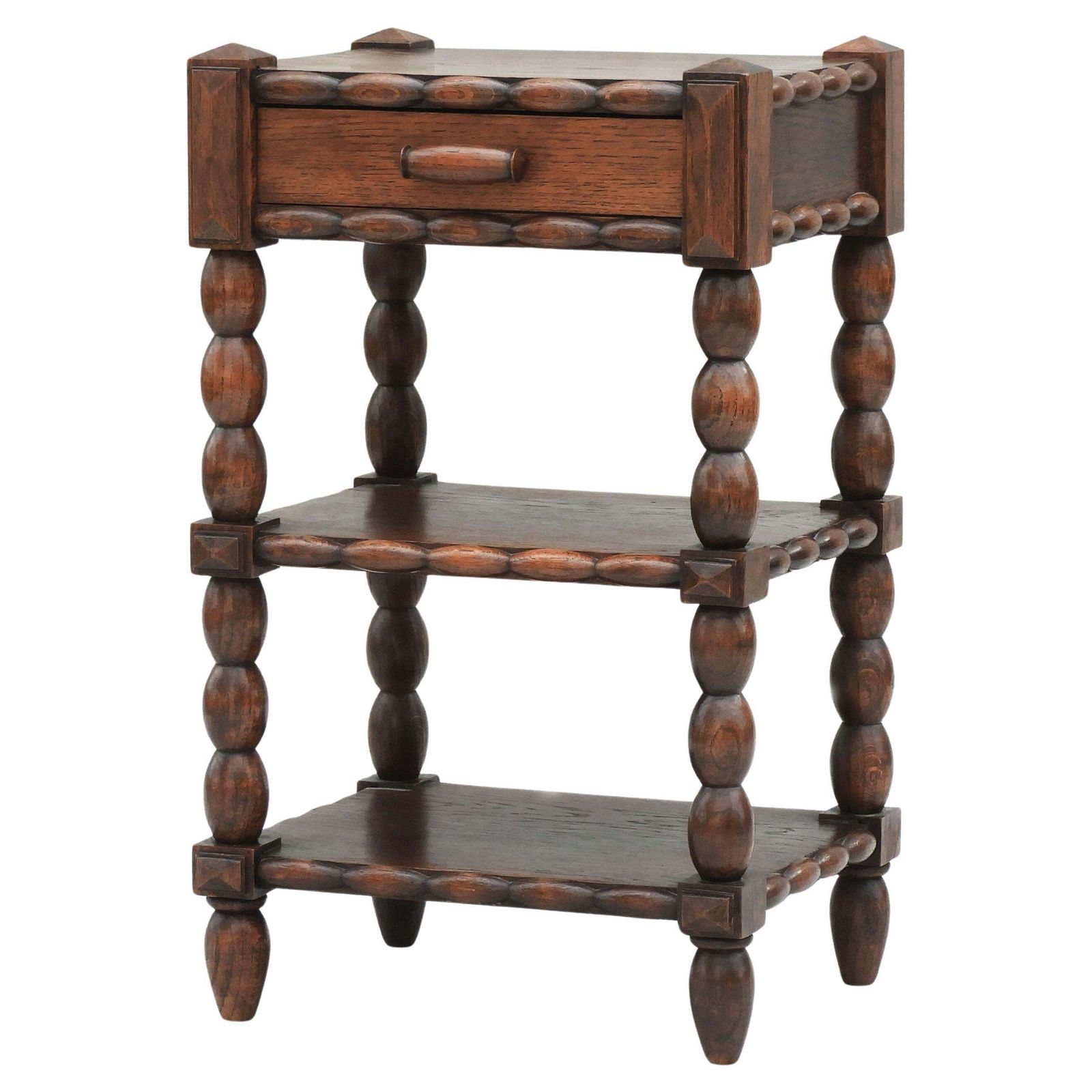 French Oak Bobbin Wood Three  Tiered Single Drawer Side Cabinet