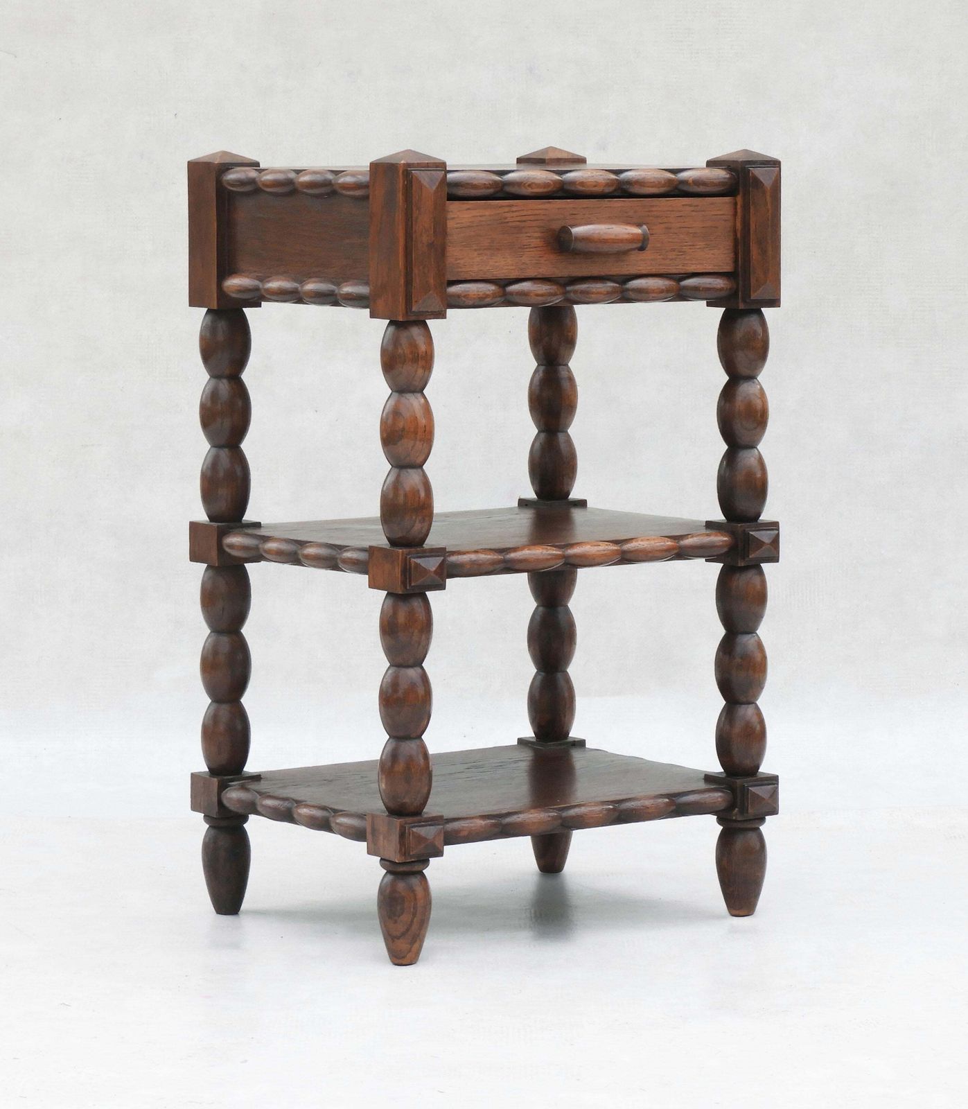 French Oak Bobbin Wood Three  Tiered Single Drawer Side Cabinet photo furniture