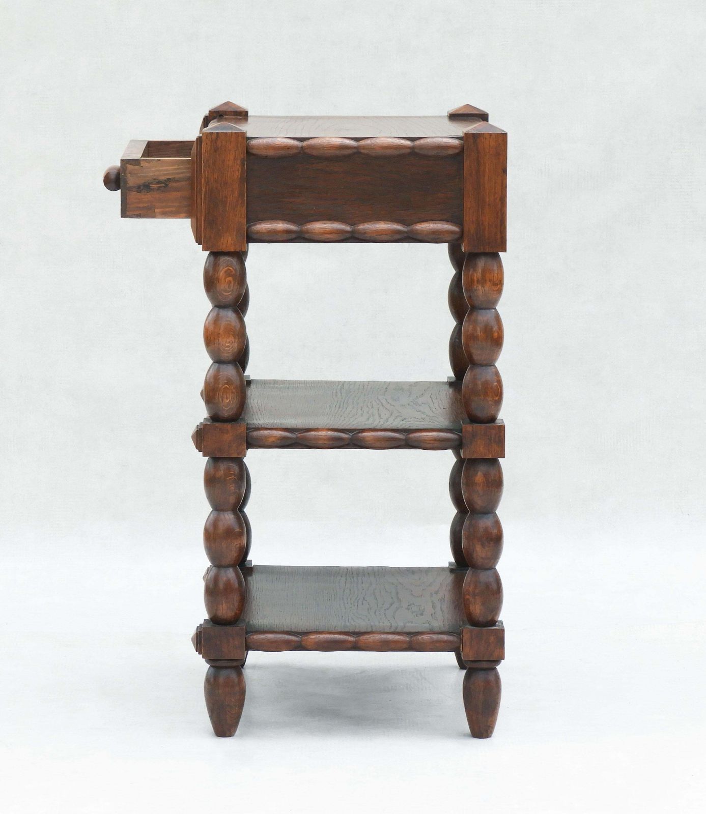 French Oak Bobbin Wood Three  Tiered Single Drawer Side Cabinet photo 975.0