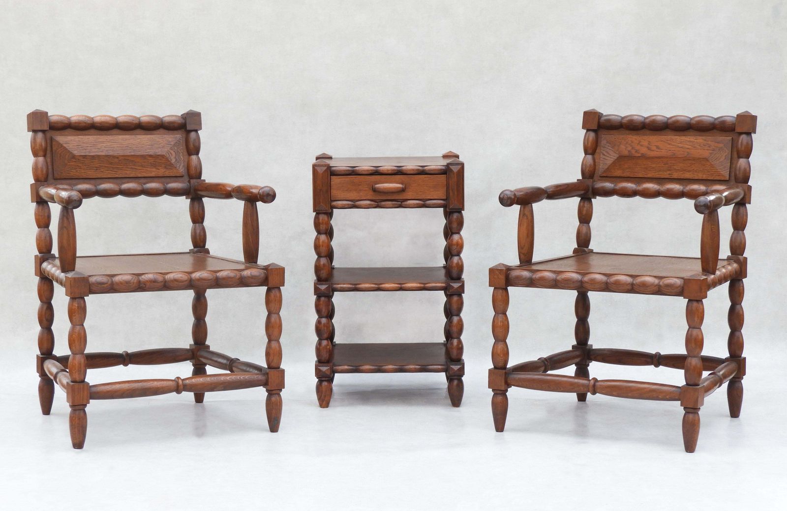 photo for sale French Oak Bobbin Wood Three  Tiered Single Drawer Side Cabinet