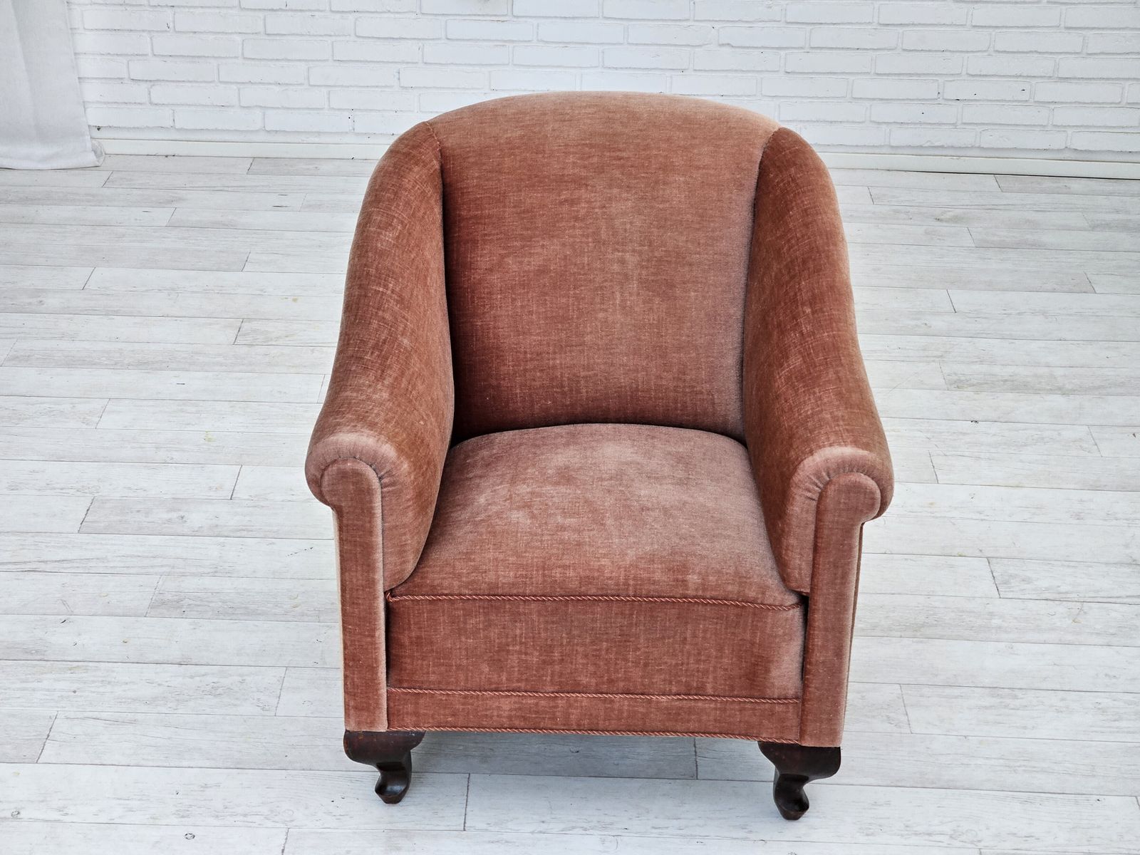 1960s, Danish Lounge Chair, Salmon Pink Furniture Velour, Ash Wood Legs. photo buy