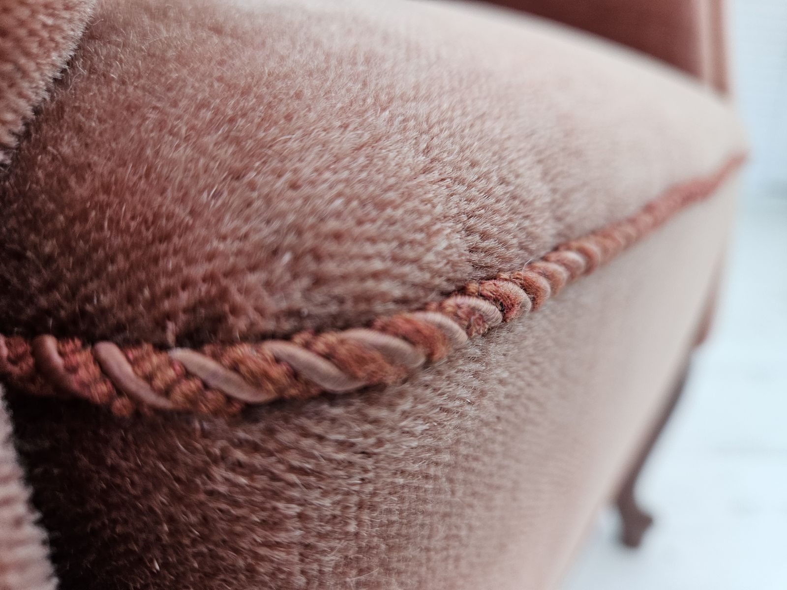 photo furniture 1960s, Danish Lounge Chair, Salmon Pink Furniture Velour, Ash Wood Legs.