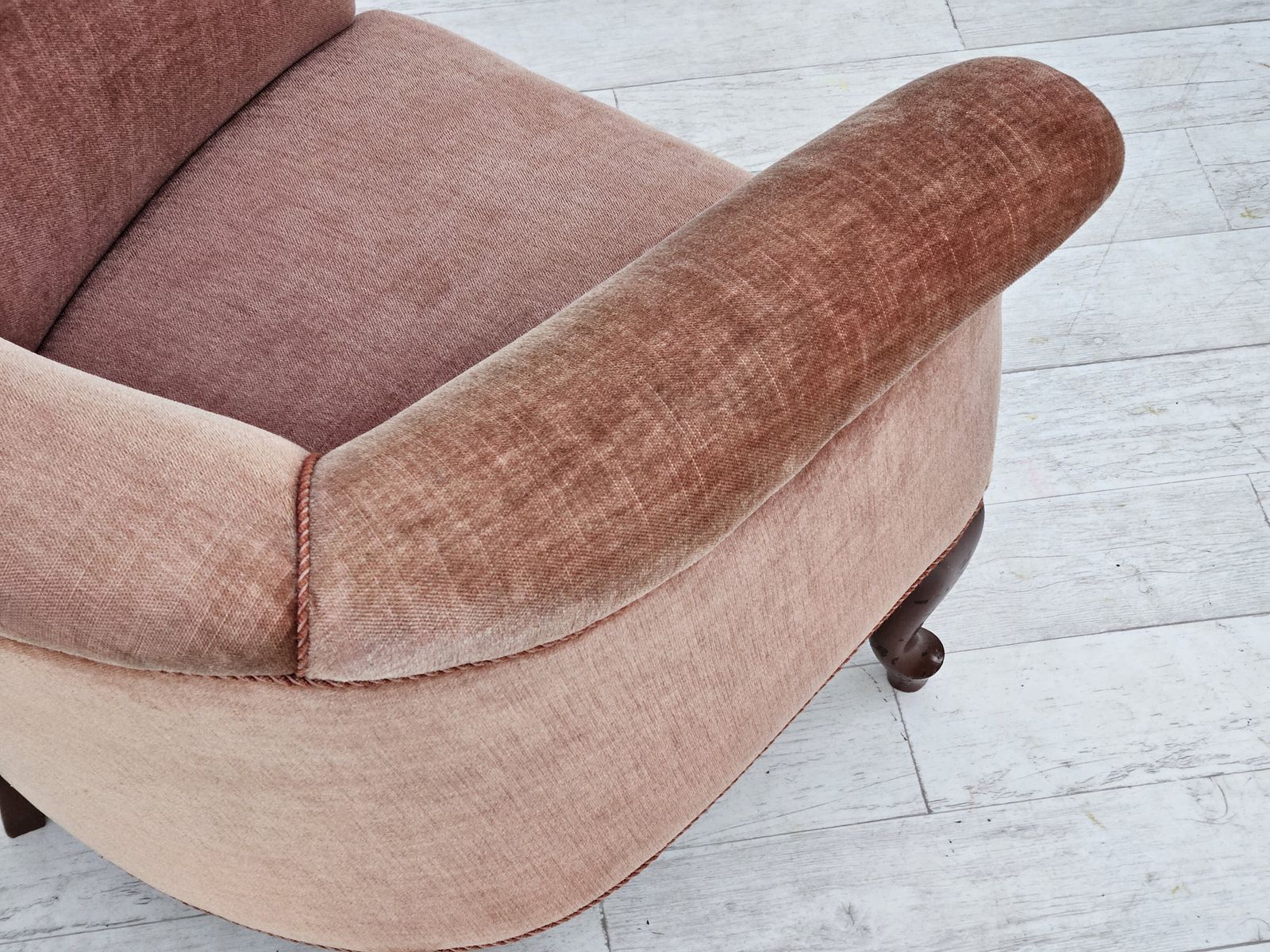 photo for sale 1960s, Danish Lounge Chair, Salmon Pink Furniture Velour, Ash Wood Legs.